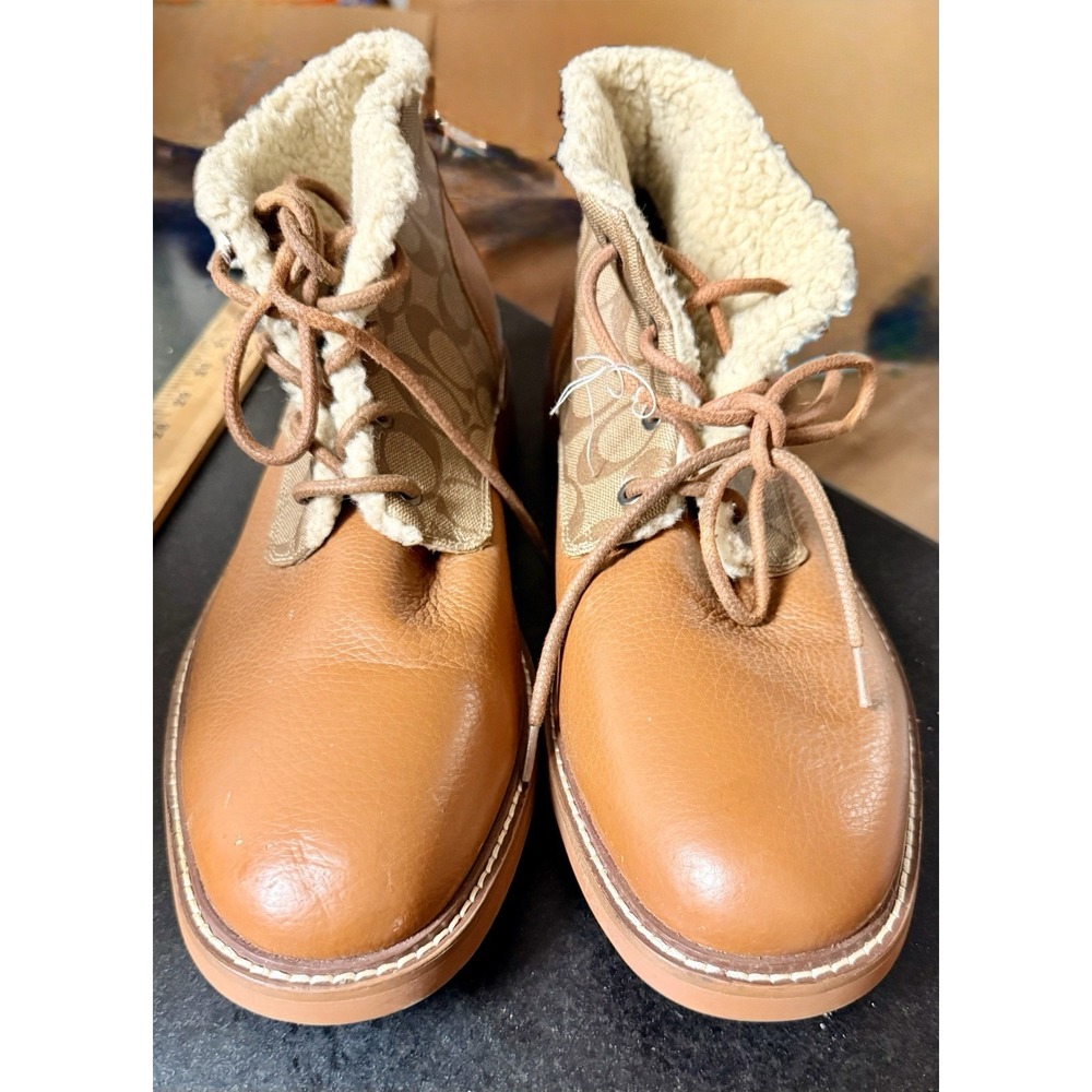 COACH Leather Signature Canvas Shearling Faux Fur Lace Up Boots 12D